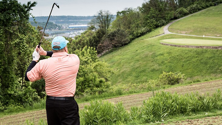 Here’s Michael after a successful tee shot on the...